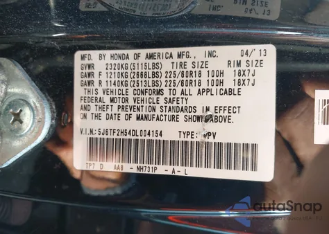 2013 Honda Crosstour Ex-L V6 from USA, damaged, VIN 5J6TF2H54DL004154